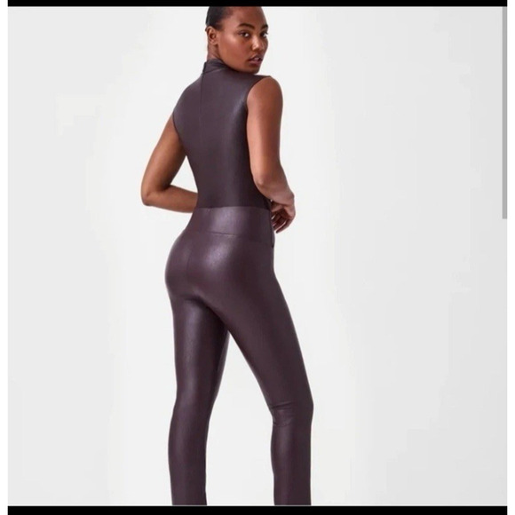 NEW Spanx | Faux Leather Bodysuit, size L Mock Neck Chocolate Brown - Picture 4 of 16